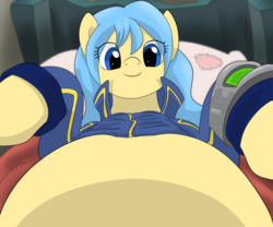 Size: 2400x2000 | Tagged: safe, artist:dudey64, oc, oc only, oc:dusty shelf, pony, fallout equestria, belly, big belly, chubby, clothes, dusty's trails, fallout, fat, fat fetish, fatlout equestria, female, fetish, jumpsuit, looking at you, mare, offscreen character, pipbuck, pov, solo, vault suit