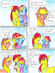 Size: 2508x3304 | Tagged: safe, artist:tristanjsolarez, applejack, rainbow dash, tex, pony, comic:trans ponies, g4, comic, high res, rainbow blitz, rule 63, traditional art