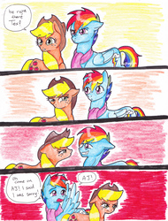 Size: 2513x3300 | Tagged: safe, artist:tristanjsolarez, applejack, rainbow dash, pony, comic:trans ponies, g4, angry, comic, high res, rainbow blitz, rule 63, traditional art