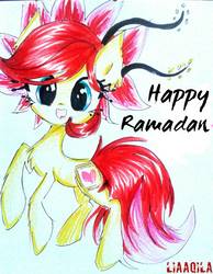 Size: 839x1080 | Tagged: safe, artist:liaaqila, oc, oc only, oc:rosa blossomheart, pony, fasting, happy, looking at you, malaysia, ramadan, simple background, solo, traditional art, white background