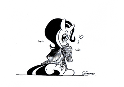 Size: 600x420 | Tagged: safe, artist:grim ponka, starlight glimmer, pony, unicorn, g4, black and white, blushing, clothes, female, grayscale, hoodie, looking back, monochrome, profile, simple background, sitting, solo, traditional art, white background