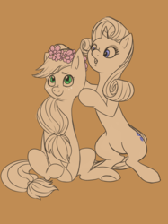 Size: 1280x1712 | Tagged: safe, artist:rarijack-countrycouture, applejack, rarity, pony, g4, female, floral head wreath, flower, lesbian, partial color, ship:rarijack, shipping, spring