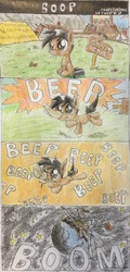 Size: 1808x3782 | Tagged: safe, artist:professionalpuppy, oc, oc only, oc:cocoa mocha, earth pony, pony, :>, :t, beep, boom, boop, c:, colt, comic, disembodied hoof, earth shattering kaboom, explosion, foal, fuck the police, male, moon, planet, scrunchy face, smiling, space, stars, traditional art