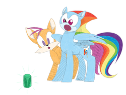 Size: 2035x1535 | Tagged: safe, artist:ogaraorcynder, rainbow dash, scootaloo, hybrid, pegasus, pony, g4, crossover, duo, emerald, female, gasp, male, miles "tails" prower, mineral, open mouth, sonic the hedgehog, sonic the hedgehog (series), sonicified, wat, wingding eyes