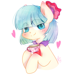 Size: 1000x1000 | Tagged: safe, artist:windymils, coco pommel, earth pony, pony, g4, bangs, blushing, bust, cocobetes, cup, cute, female, food, hair over eyes, heart, hoof hold, looking at you, mare, portrait, simple background, smiling, solo, tea, teacup, transparent background