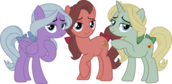 Size: 3561x1751 | Tagged: safe, artist:sonofaskywalker, dear darling, fond feather, swoon song, earth pony, pegasus, pony, unicorn, g4, hard to say anything, bimbettes, bread, carrot, cutie mark, female, lidded eyes, mare, raised hoof, simple background, tomato, transparent background, trio, trio female, vector