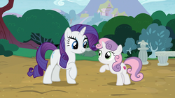 Size: 1920x1080 | Tagged: safe, screencap, rarity, sweetie belle, pony, forever filly, g4, bench, cute, mountain, raised hoof, statue, tree