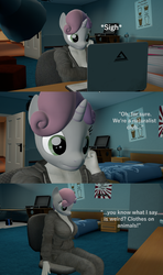 Size: 1920x3240 | Tagged: safe, artist:papadragon69, sweetie belle, anthro, comic:nudie belle, g4, 3d, big breasts, breasts, busty sweetie belle, chair, cleavage, clothes, comic, computer, dialogue, female, hoodie, laptop computer, older, older sweetie belle, pants, quote, solo, source filmmaker, sweatpants, tracksuit, zootopia