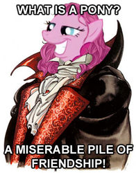 Size: 350x446 | Tagged: safe, pinkie pie, pony, vampire, g4, castlevania, castlevania: symphony of the night, dracula, image macro, male, meme, solo, what is a man
