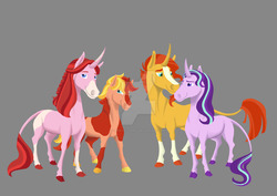 Size: 1280x905 | Tagged: safe, artist:amaya-chans2, starlight glimmer, sunburst, oc, oc:pinky rose, oc:red giant, pony, g4, blaze (coat marking), coat markings, explanation in the description, facial markings, family, female, gray background, male, offspring, parent:starlight glimmer, parent:sunburst, parents:starburst, ship:starburst, shipping, simple background, socks (coat markings), straight