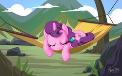 Size: 1920x1200 | Tagged: safe, artist:mysticalpha, sugar belle, pony, unicorn, g4, hard to say anything, cute, eyes closed, female, hammock, mare, mountain, sleeping, solo, sugarbetes