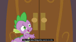 Size: 1366x768 | Tagged: safe, screencap, spike, dragon, g4, the crystal empire, male, meme, solo, worried, youtube caption