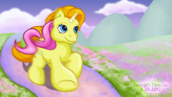 Size: 1920x1080 | Tagged: safe, artist:anscathmarcach, brights brightly, pony, unicorn, g3, adorabrights, complex background, cute, female, flower, mare, road, running, solo, trotting