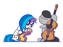 Size: 1280x960 | Tagged: safe, artist:flutterluv, dj pon-3, octavia melody, vinyl scratch, earth pony, pony, unicorn, g4, bowtie, cello, duo, glowing horn, horn, magic, musical instrument, saxophone, simple background, smiling, transparent background