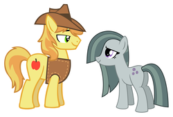 Size: 909x616 | Tagged: safe, artist:aureai, artist:sugar-loop, edit, braeburn, marble pie, earth pony, pony, g4, braeble, butt, clothes, crack shipping, duo, female, hat, lidded eyes, looking at each other, male, mare, plot, shipping, simple background, smiling, stallion, straight, vest, white background