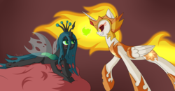 Size: 2400x1250 | Tagged: dead source, safe, artist:mechanized515, daybreaker, queen chrysalis, alicorn, changeling, changeling queen, pony, a royal problem, g4, blushing, commission, crown, daysalis, female, jewelry, lesbian, mare, prone, regalia, shipping