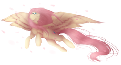 Size: 1024x555 | Tagged: safe, artist:lemonpanda214, fluttershy, pony, g4, female, flower, flower in hair, flying, looking away, looking up, simple background, solo, spread wings, turned head, white background, windswept hair, windswept mane, wings