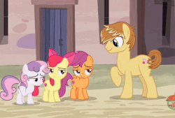 Size: 600x405 | Tagged: safe, screencap, apple bloom, feather bangs, scootaloo, sweetie belle, earth pony, pegasus, pony, unicorn, g4, hard to say anything, season 7, animated, animated screencap, blinking, cropped, cutie mark, cutie mark crusaders, eyes closed, female, filly, gif, grin, group, heart, iris out, laughing, looking at you, male, nose in the air, one eye closed, open mouth, open smile, quartet, raised hoof, smiling, stallion, the cmc's cutie marks, volumetric mouth, wink, winking at you