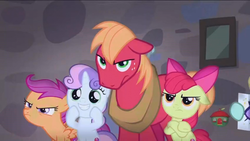 Size: 1920x1080 | Tagged: safe, screencap, apple bloom, big macintosh, scootaloo, sweetie belle, earth pony, pegasus, pony, unicorn, g4, hard to say anything, angry, apple bloom is not amused, big macintosh is not amused, cute, cutie mark crusaders, diasweetes, female, filly, foal, male, one of these things is not like the others, scootaloo is not amused, stallion, sweetie belle is amused, this will end in murder, unamused, varying degrees of want