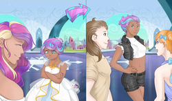 Size: 4000x2333 | Tagged: safe, artist:dedonnerwolke, pound cake, princess cadance, princess flurry heart, pumpkin cake, human, g4, brother and sister, clothes, crossed arms, crystal empire, dark skin, dress, female, hub logo, humanized, jewelry, male, mother and daughter, older, older flurry heart, princess emo heart, punk, regalia, smiling, teenage flurry heart, teenager