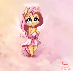 Size: 1100x1080 | Tagged: safe, artist:miokomata, fluttershy, angel, pegasus, pony, g4, bipedal, birthday gift, clothes, cloud, cute, dress, female, fluttershy the angel, folded wings, halo, hooves together, looking at you, mare, shyabetes, smiling, solo, sundress, unshorn fetlocks