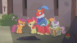Size: 1031x582 | Tagged: safe, screencap, apple bloom, big macintosh, scootaloo, sweetie belle, earth pony, pegasus, pony, unicorn, g4, hard to say anything, clothes, costume, cutie mark crusaders, dressup, female, filly, foal, group, heart, male, prince outfit, quartet, ruff (clothing), stallion