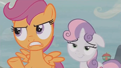 Size: 1032x582 | Tagged: safe, screencap, scootaloo, sweetie belle, pony, g4, hard to say anything, lidded eyes
