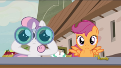Size: 1920x1080 | Tagged: safe, screencap, scootaloo, sweetie belle, pony, g4, hard to say anything, binoculars, discovery family logo, looking at you, our town