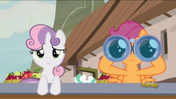 Size: 1920x1080 | Tagged: safe, screencap, scootaloo, sweetie belle, pony, g4, hard to say anything, binoculars, discovery family logo