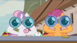 Size: 1920x1080 | Tagged: safe, edit, edited screencap, screencap, scootaloo, sweetie belle, pony, g4, hard to say anything, binoculars, discovery family logo