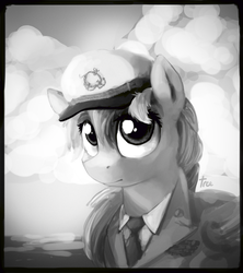Size: 2025x2281 | Tagged: safe, artist:thefloatingtree, rainbow dash, pony, g4, bust, captain, clothes, female, grayscale, hat, high res, looking at you, monochrome, portrait, sailor, shirt, solo, uniform