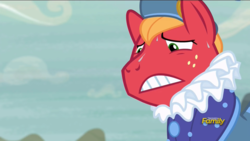 Size: 1920x1080 | Tagged: safe, screencap, big macintosh, earth pony, pony, g4, hard to say anything, discovery family logo, dressup, male, prince outfit, ruff (clothing), solo, stallion, sweat