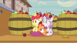 Size: 1920x1080 | Tagged: safe, screencap, apple bloom, scootaloo, sweetie belle, pony, g4, hard to say anything, apple, barrel, behaving like apples, cutie mark, cutie mark crusaders, discovery family logo, female, filly, food, the cmc's cutie marks
