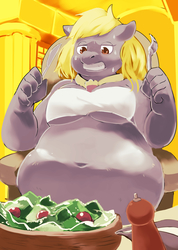 Size: 3638x5102 | Tagged: safe, artist:masshiro, derpy hooves, anthro, g4, absurd resolution, aderpose, belly button, fat, female, food, muffin queen, nervous, obese, salad, solo, sweat, sweatdrop