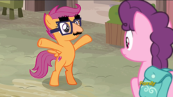 Size: 1920x1080 | Tagged: safe, screencap, scootaloo, sugar belle, pony, g4, hard to say anything, bipedal, cutie mark, discovery family logo, female, filly, glasses, groucho mask, shimmering spectacles, the cmc's cutie marks