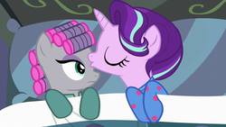 Size: 960x540 | Tagged: safe, edit, edited screencap, screencap, maud pie, starlight glimmer, earth pony, pony, g4, rock solid friendship, bed, clothes, female, footed sleeper, footie pajamas, forehead kiss, goodnight kiss, kissing, lesbian, onesie, pajamas, pie sisters pajamas, sheet, shipping, starmaud