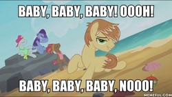 Size: 600x338 | Tagged: safe, edit, edited screencap, screencap, feather bangs, earth pony, pony, g4, hard to say anything, season 7, battle for sugar belle, beach, bedroom eyes, dancing, image macro, jontron thread, justin bieber, male, meme, memeful.com, singing, stallion, treehouse logo