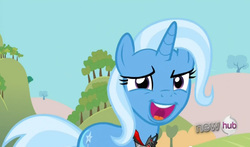 Size: 799x469 | Tagged: safe, screencap, trixie, pony, g4, magic duel, alicorn amulet, faic, female, hub logo, mare, open mouth, solo