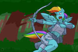 Size: 1200x804 | Tagged: safe, alternate version, artist:ethanqix, rainbow dash, pegasus, anthro, g4, archer dash, armpits, arrow, bow (weapon), bow and arrow, clothes, female, forest, mare, midriff, muscles, open mouth, patreon, patreon logo, patreon reward, quiver, shorts, solo, tank top, tree, vest, weapon