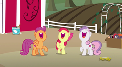 Size: 838x464 | Tagged: safe, screencap, apple bloom, scootaloo, sweetie belle, earth pony, pony, g4, hard to say anything, cutie mark, cutie mark crusaders, discovery family logo, female, filly, laughing, nose in the air, open mouth, sweet apple acres, the cmc's cutie marks, volumetric mouth