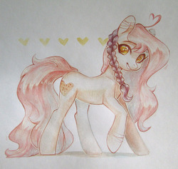 Size: 1139x1080 | Tagged: safe, artist:aphphphphp, oc, oc only, earth pony, pony, female, heart, mare, raised hoof, smiling, solo, traditional art, watercolor painting