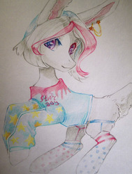 Size: 815x1080 | Tagged: safe, artist:aphphphphp, oc, oc only, pony, rabbit pony, clothes, garter belt, garters, rearing, shirt, socks, solo, starry eyes, traditional art, watercolor painting, wingding eyes