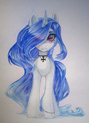 Size: 784x1080 | Tagged: safe, artist:aphphphphp, oc, oc only, pony, unicorn, female, hair over one eye, jewelry, looking at you, mare, necklace, solo, traditional art, unshorn fetlocks, watercolor painting