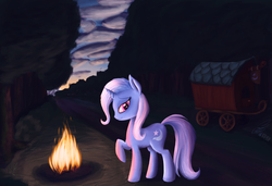 Size: 2268x1549 | Tagged: safe, artist:atlas-66, artist:blurpaint, trixie, pony, unicorn, g4, campfire, collaboration, female, forest, looking at you, mare, raised hoof, solo, trixie's wagon