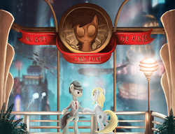 Size: 2600x2000 | Tagged: safe, artist:atlas-66, earth pony, pony, bioshock, bipedal, bipedal leaning, crossover, duo, female, high res, jewelry, leaning, male, mare, necklace, pearl necklace, ponified, rapture, stallion, underwater, window