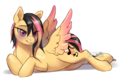 Size: 1024x667 | Tagged: safe, artist:tartii, oc, oc only, oc:foxtrot, pony, blushing, lying down, simple background, solo, wet mane