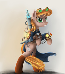 Size: 1701x1920 | Tagged: safe, artist:atlas-66, oc, oc only, oc:fixer, earth pony, pony, bipedal, clothes, coat, ear fluff, electricity, female, goggles, mare, rearing, simple background, solo, steampunk