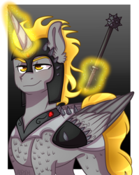 Size: 909x1144 | Tagged: safe, artist:artistcoolpony, oc, oc only, oc:pendragon, alicorn, pony, alicorn oc, armor, ghost rider, mace, male alicorn, morning star, request, smug, solo, spikes, weapon