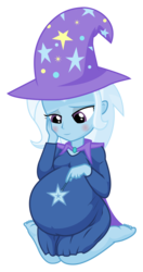 Size: 1016x1920 | Tagged: safe, artist:xniclord789x, trixie, equestria girls, g4, barefoot, belly, big belly, blushing, cape, clothes, cute, feet, female, hat, kneeling, magician outfit, pregnant, pregxie, simple background, solo, transparent background, wand, wizard hat