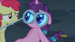 Size: 1920x1080 | Tagged: safe, screencap, apple bloom, sugar belle, earth pony, pony, unicorn, g4, hard to say anything, angry, female, filly, floppy ears, glasses, magnifying glass, mare, meme, mouth hold, special eyes, unamused